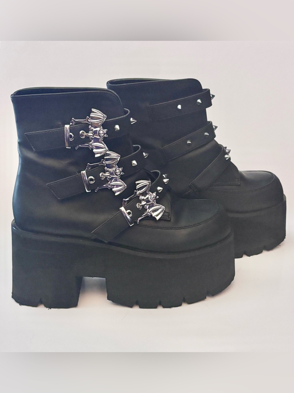 Demonia Ashes-55 Ankle Boots with Silver Bat Buckles - Black